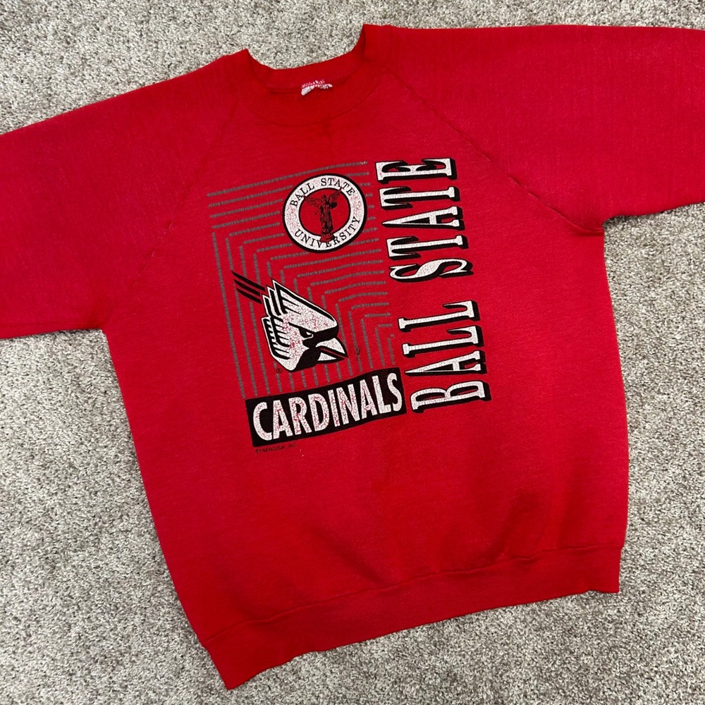 Distressed Vintage Ball State Cardinals Sweatshirt NO SIZE TAG Red 90s Stain